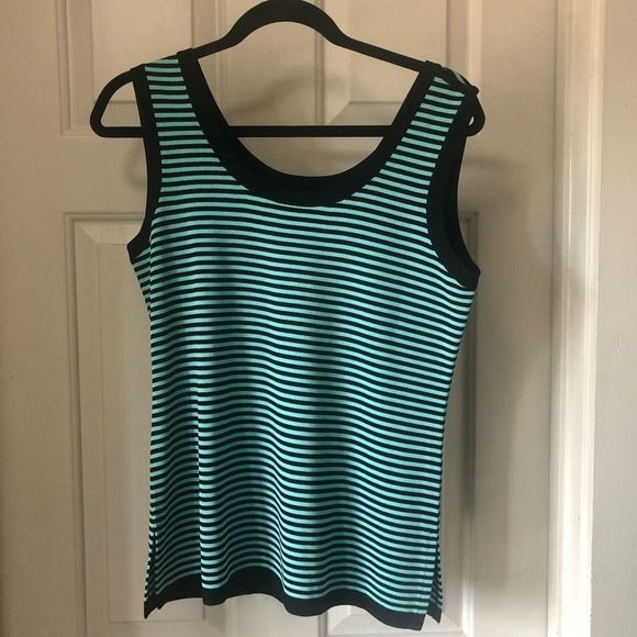 Misook 100% Acrylic Teal Blue Black Striped Summer Tank Size Medium, MSRP $225 - Picture 1 of 7